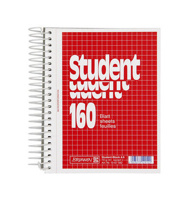 Collegeblock 10-67392 Student, Lineatur 7 / kariert, A6, 70g, rot, 160 Blatt