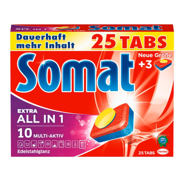 4015000962940 - Somat 10 Tabs All in 1 Extra Spülmaschinentabs Komplett neue Formel Phosphatfrei und kraftvoller als zuvor 1 Packung = 25 Tabs