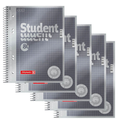 Collegeblock 10-67152 Student Premium, Lineatur 22 / kariert mit Rand innen, A5, 90g, grau, 80 Blatt