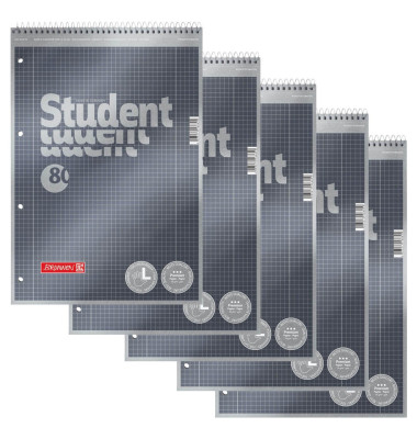 Collegeblock 10-67112 Student Premium, Lineatur 28 / kariert mit Rand innen/außen, A4, 90g, grau, 80 Blatt