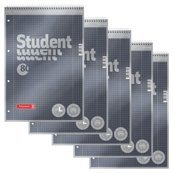 4003273566699 - BRUNNEN Student Premium Collegeblock DIN A4 Kariert Spiralbindung Pappkarton Anthrazit Metallic Perforiert 160 Seiten 80 Blatt