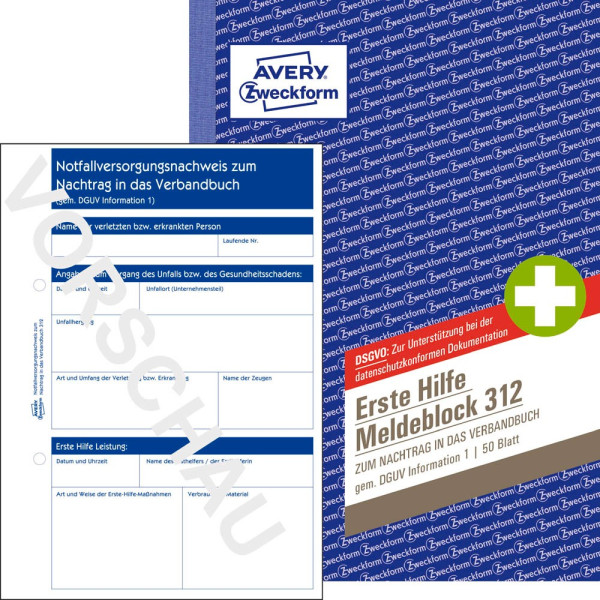 4004182003121 - AVERY® Zweckform Meldeblock „Erste Hilfe DGUV Vorschrift 1“ gelocht 50 Blatt weiß DIN A5 hoch