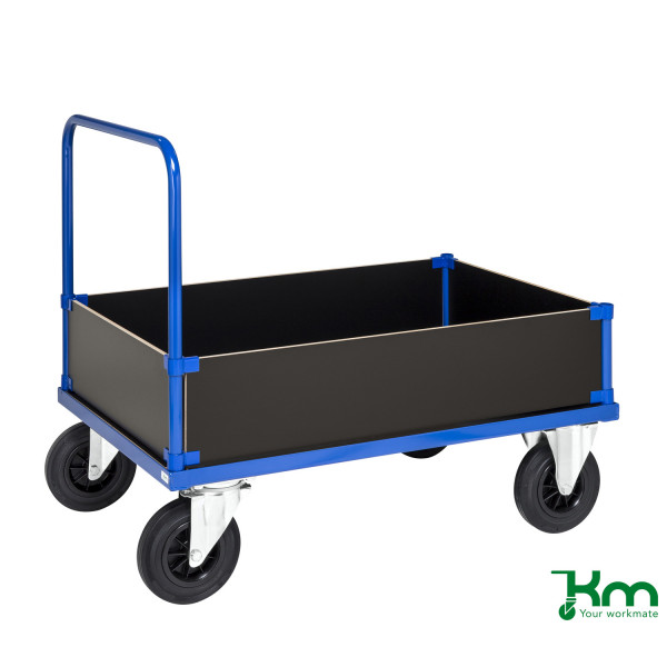 7350050351502 - Kongamek - Kastenwagen in blau 1200x800x900mm mit MDF-Platte Schiebegriff und 4 Wänden 400mm hoch mit Gummibereifung ohne Bremse