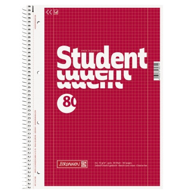 Collegeblock 10-67928 Student, Lineatur 28 / kariert mit Rand innen/außen, A4, 70g, rot, 80 Blatt