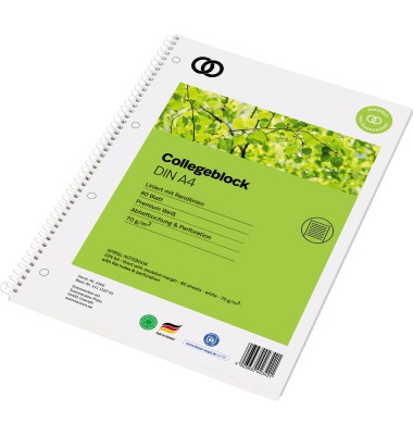 Collegeblock 2366 oeco Recycling, Lineatur 21 / liniert mit Rand innen, A4, 70g, grün, 80 Blatt