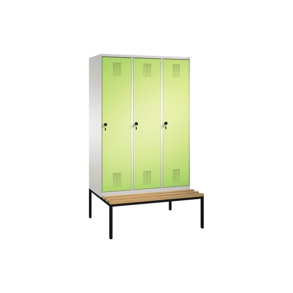 4056211619131 - EVOLO Garderobenschrank mit Sitzbank 3 Abteile Abteilbreite 400 mm lichtgrau   viridingrün