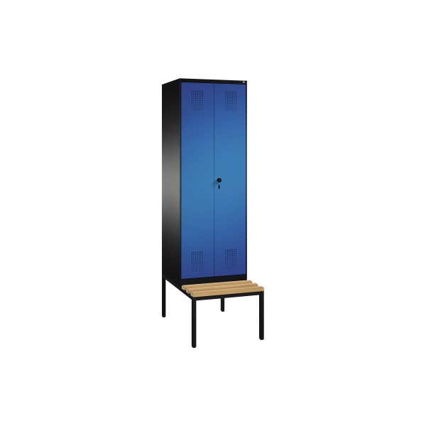 4056211611463 - EVOLO Garderobenschrank zueinander schlagende Türen mit Sitzbank 2 Abteile Abteilbreite 300 mm schwarzgrau   enzianblau