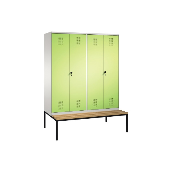 4059096767713 - EVOLO Garderobenschrank zueinander schlagende Türen mit Sitzbank 4 Abteile Abteilbreite 400 mm lichtgrau   viridingrün