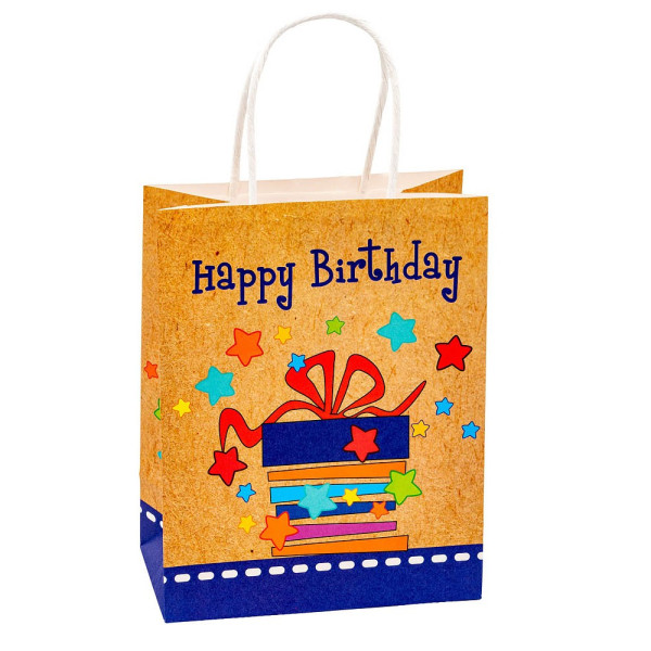 4022792980151 - Geschenktüte „Happy Birthday“ Format A5 mit Tragekordel B 180 x T 100 x H 230 mm Kraftpapier beige & farbig bedruckt 6 Stück