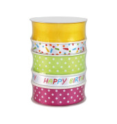 Geschenkband Geburtstag 9510515-011, Happy-Birthday-Schriftzug & Konfetti, 2x mit Punkten, 15mm/25mm x 3m, farbig sortiert