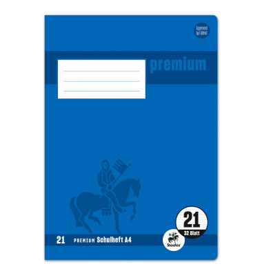 Schulheft 734010621 Premium, Lineatur 21 / liniert, A4, 90g, blau, 32 Blatt / 64 Seiten