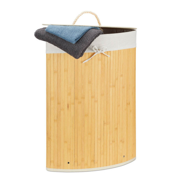 4052025918385 - Relaxdays Eckwäschekorb Bambus faltbare Wäschebox 60 l platzsparend Wäschesack Baumwolle 65 x 495 x 37 cm creme