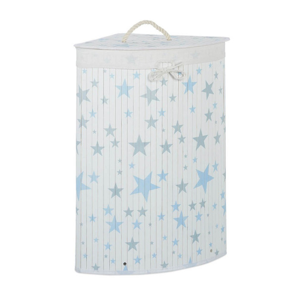 4052025918125 - Eckwäschekorb Bambus faltbare Wäschebox 60 l mit Deckel Sterne Wäschesack 655 x 495 x 37 cm weiß-blau - Relaxdays