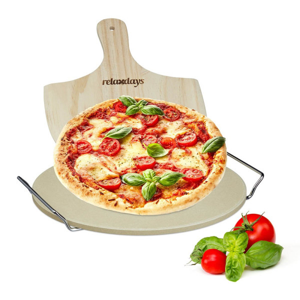 4052025204914 - Relaxdays - Pizzastein Set 1 cm Stärke mit Metallhalter und Pizzaschieber aus Holz hbt 4 x 32 x 32 cm runder Brotbackstein für Pizza und Flammkuchen