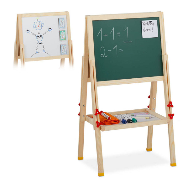 4052025272388 - Relaxdays - Standtafel Kinder höhenverstellbar & magnetisch Holz Whiteboard & Kreidetafel 81-104 x 45 x 42 cm natur