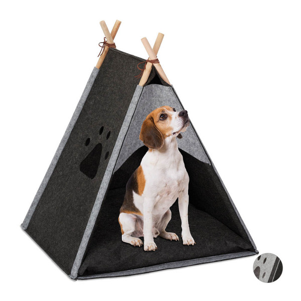 4052025913519 - Relaxdays - Hundezelt Haustiertipi für kleine Hunde & Katzen Filz & Holz mit Kissen 705 x 595 x 59 cm dunkelgrau