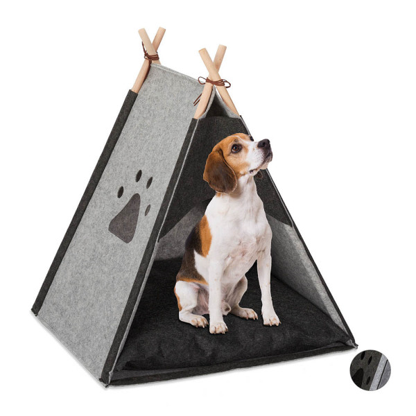 4052025913502 - Relaxdays - Hundezelt Haustiertipi kleine für Hunde & Katzen aus Filz & Holz mit Kissen 705 x 595 x 59 cm hellgrau