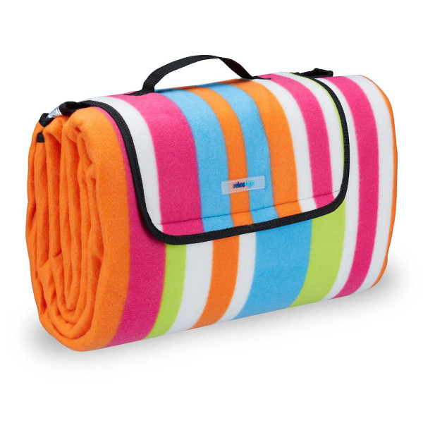 4052025259839 - Relaxdays Picknickdecke XXL 200x200 cm Fleece Stranddecke wärmeisoliert wasserdicht mit Tragegriff bunt gestreift