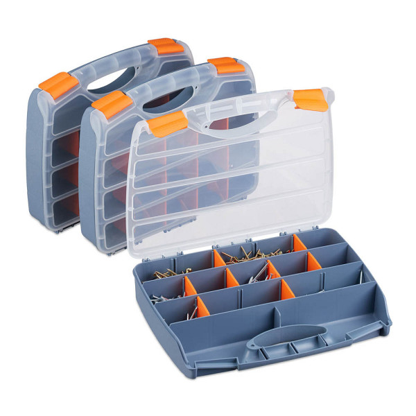 4052025239145 - Sortierbox 3er Set Griff verschließbarer Werkzeugkasten Kleinteilebox konfigurierbar hbt 6x32x24 cm grau - Relaxdays