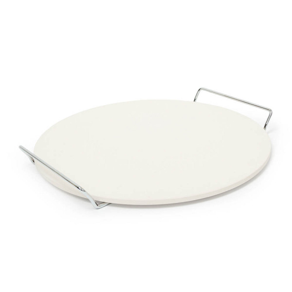 4052025193386 - Pizzastein mit Halter runde Steinplatte für Pizza & Flammkuchen Grillstein aus Cordierit 33 cm ø beige - Relaxdays