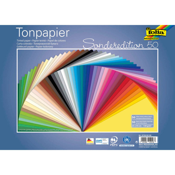 4001868049183 - Folia Tonpapier - 50 Blatt Bastelpapier in 50 Farben zum Basteln Bemalen & Falten  130g m  25 x 35cm Tonpapier  Bastelbedarf für Schule & Hobby