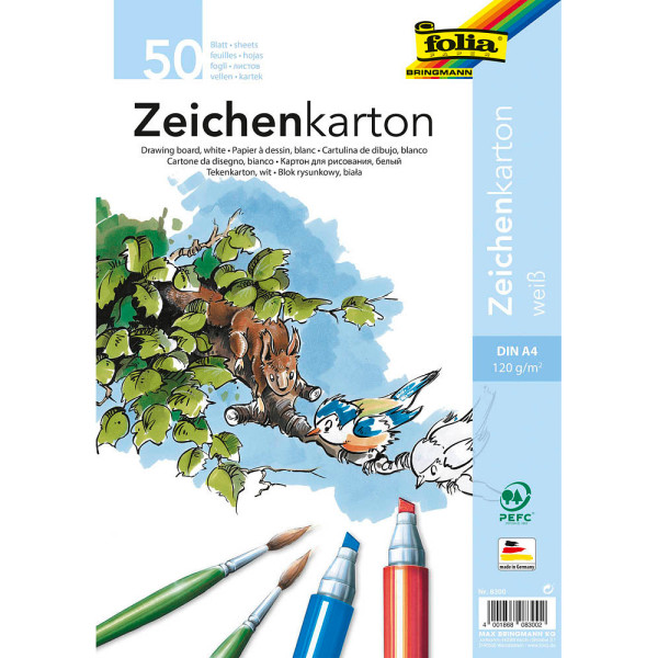 4001868083002 - Folia Zeichenpapier Weiß Karton DIN A4 120 g m2 8300 50 Blatt