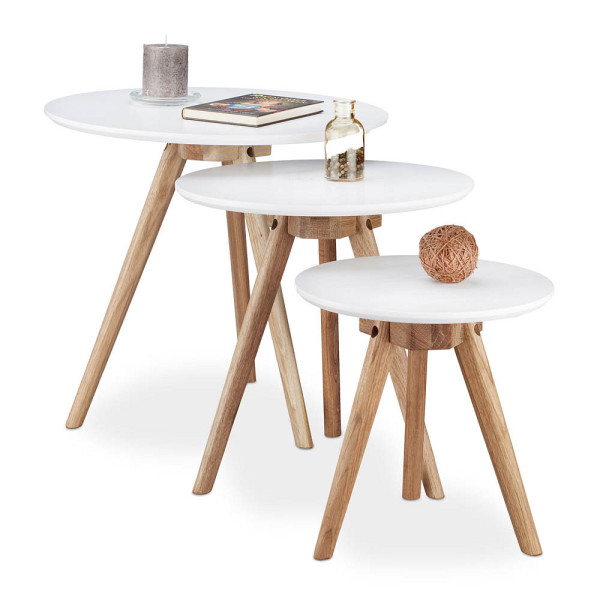 4052025206444 - Beistelltisch 3er Set Tischbeine aus Walnuss-Holz weiße Tischplatte 50 40 und 32 cm im nordischen Design weiß   natur - Relaxdays