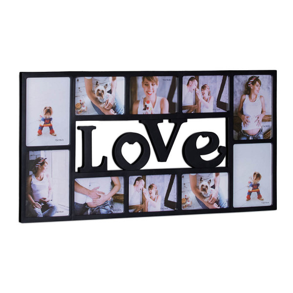 4052025959661 - Relaxdays Bilderrahmen Collage LOVE Fotorahmen 10 Bilder Wandgalerie für Fotocollagen HBT 365 x 72 x 2 cm schwarz