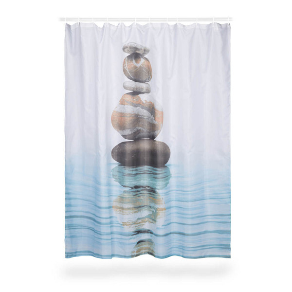 4052025226138 - Relaxdays Duschvorhang Motiv Steine auf Wasser Polyester waschbar Anti-Schimmel Badewannenvorhang 180x180 cm blau