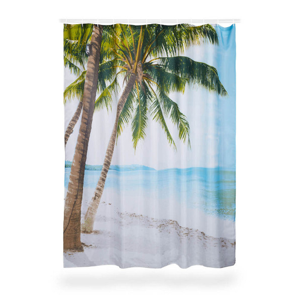 4052025226176 - Relaxdays Duschvorhang Strand Polyester wasserabweisend waschbar Anti-Schimmel Badewannenvorhang 180x180cm bunt