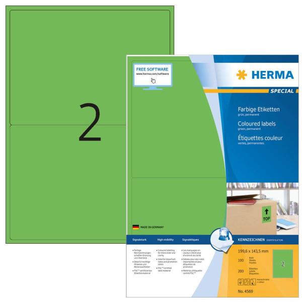 4008705045698 - HERMA Farbige Multifunktionsetiketten 4569 Grün Rechteckig 199 x 143 mm 100 Blatt à 2 Etiketten