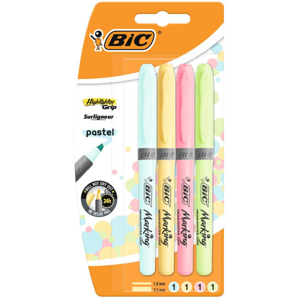 3086123538474 - Textmarker Highlighter Grip Pastel 964859 Etui 4-farbig sortiert 16-34mm Keilspitze 3086123538474 BIC