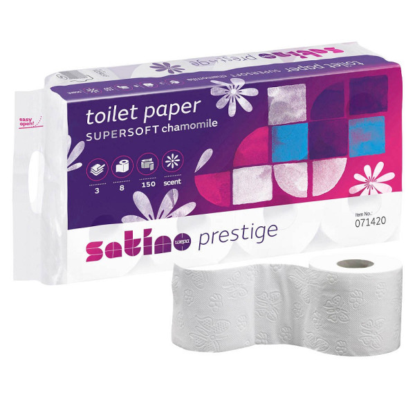 4000735323845 - Satino Prestige Toilettenpapier Kamille 3-lagig MT1-kompatibel Hygienisches Klopapier aus hochwertigem Zellstoff 1 Packung = 8 Rollen à 150 Blatt