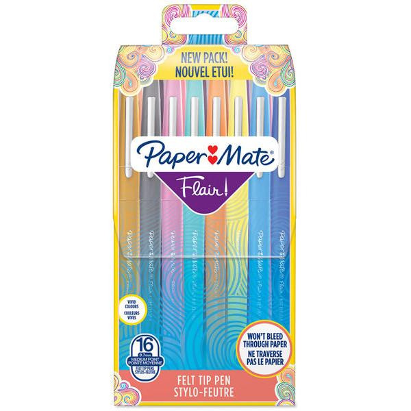 3501170977453 - Papermate Flair-Stift | mittlere Spitze (07 mm) | Gemischte Farben | Tasche mit 16 Stiften