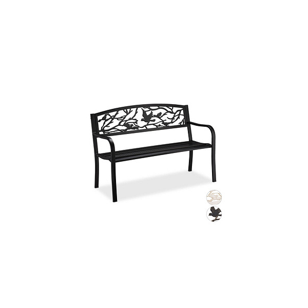 4052025909017 - Gartenbank Vögel Muster 2-Sitzer Vintage Garten & Balkon Stahl Sitzbank hbt 87x127x57 cm schwarz - Relaxdays