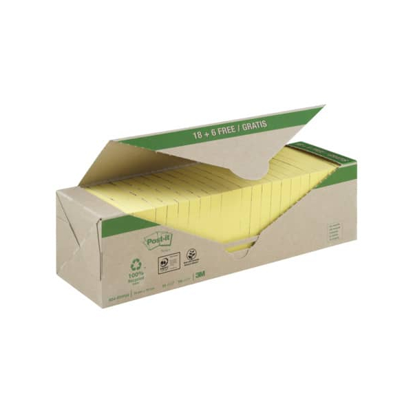 4054596723252 - Post-it Recycelte Haftnotizen 76 x 76 mm Kanariengelb 100 Blatt Vorteilspackung 18 + 6 Gratis