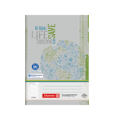 Hausaufgabenheft 10-4685401 Recycling, Hausaufgaben / liniert, A5, 80g, grau/grün, 48 Blatt / 96 Seiten