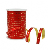 Geschenkband Merry Christmas 680 9-709, Schriftzug Merry Chrismas und Sterne, 10mm x 100m, rot/gold