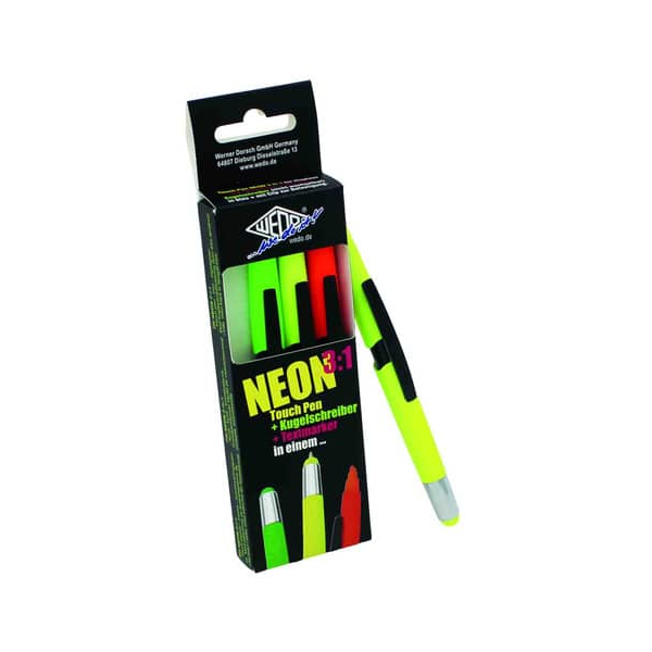 4003801869698 - WEDO Eingabestift 3-in-1 NEON 4er Etui Touchpen Kugelschreiber & Textmarker in einem sortiert in - 1 Stück (261 610499)