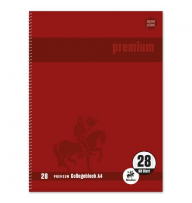 Collegeblock 734451280 Premium, Lineatur 28 / kariert mit Rand innen/außen, A4, 90g, rot, 80 Blatt