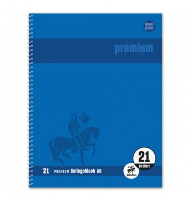 Collegeblock 734500121 Premium, Lineatur 21 / liniert mit Rand innen, A5, 90g, blau, 80 Blatt