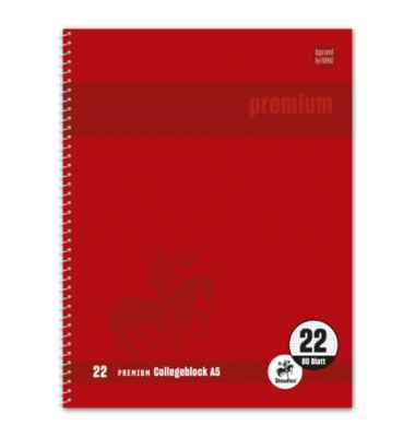 Collegeblock 734500122 Premium, Lineatur 22 / liniert mit Rand innen, A5, 90g, rot, 80 Blatt