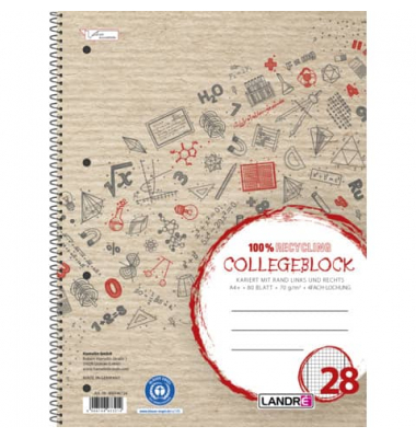 Collegeblock 400146724 Recycling, Schule, Lineatur 28 / kariert mit Rand innen/außen, A4, 70g, beige, 80 Blatt