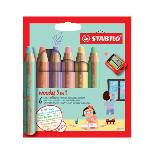 4006381578059 - STABILO  woody Pastel 3 in 1 cardboard wallet of 6 pens incl a sharpener