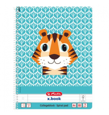 Collegeblock 50039234 Cute Animals, Tiger, Lineatur 27 / liniert mit Rand innen/außen, A4, 70g, blau, 80 Blatt