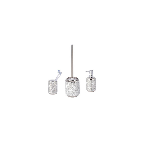 4008838235782 - Bad-Accessoires Set Barock 3-teilig Zahnputzbecher Seifenspender & WC-Garnitur Silber glänzend Keramik weiß - silber glänzend - Wenko