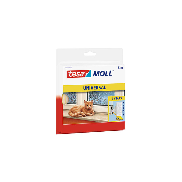 4042448102706 - Moll Universal Schaumstoff - Schaumstoffdichtung zum Isolieren von Spalten im Haushalt selbstklebend - Weiß - 6 m x 15 mm x 55 mm - weiß - Tesa