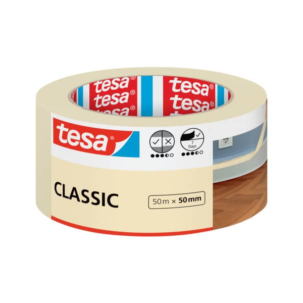 4042448502452 - tesa Malerband CLASSIC - Abdeckband zum Abkleben bei Malerarbeiten - lösungsmittelfrei rückstandslos entfernbar - 50 m x 50mm - beige