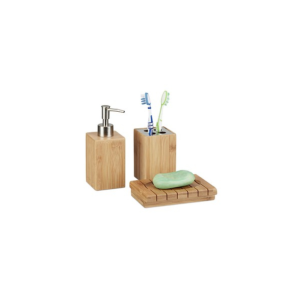 4052025221768 - Badaccessoires Bambus 3-teiliges Badezimmer Set aus Seifenspender Seifenschale u Zahnbürstenhalter natur - Relaxdays