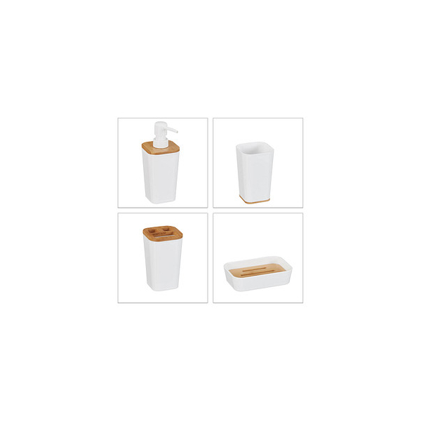 4052025261290 - Badaccessoires Set 4 teilig modern Zahnputzbecher Seifenschale & Seifenspender Kunststoff & Bambus weiß - Relaxdays